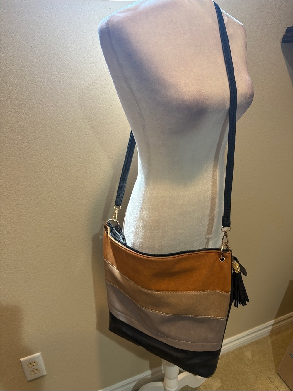 Colorblock Faux Suede & Leather Shoulder Bag in Brown, Tan, Beige & Black